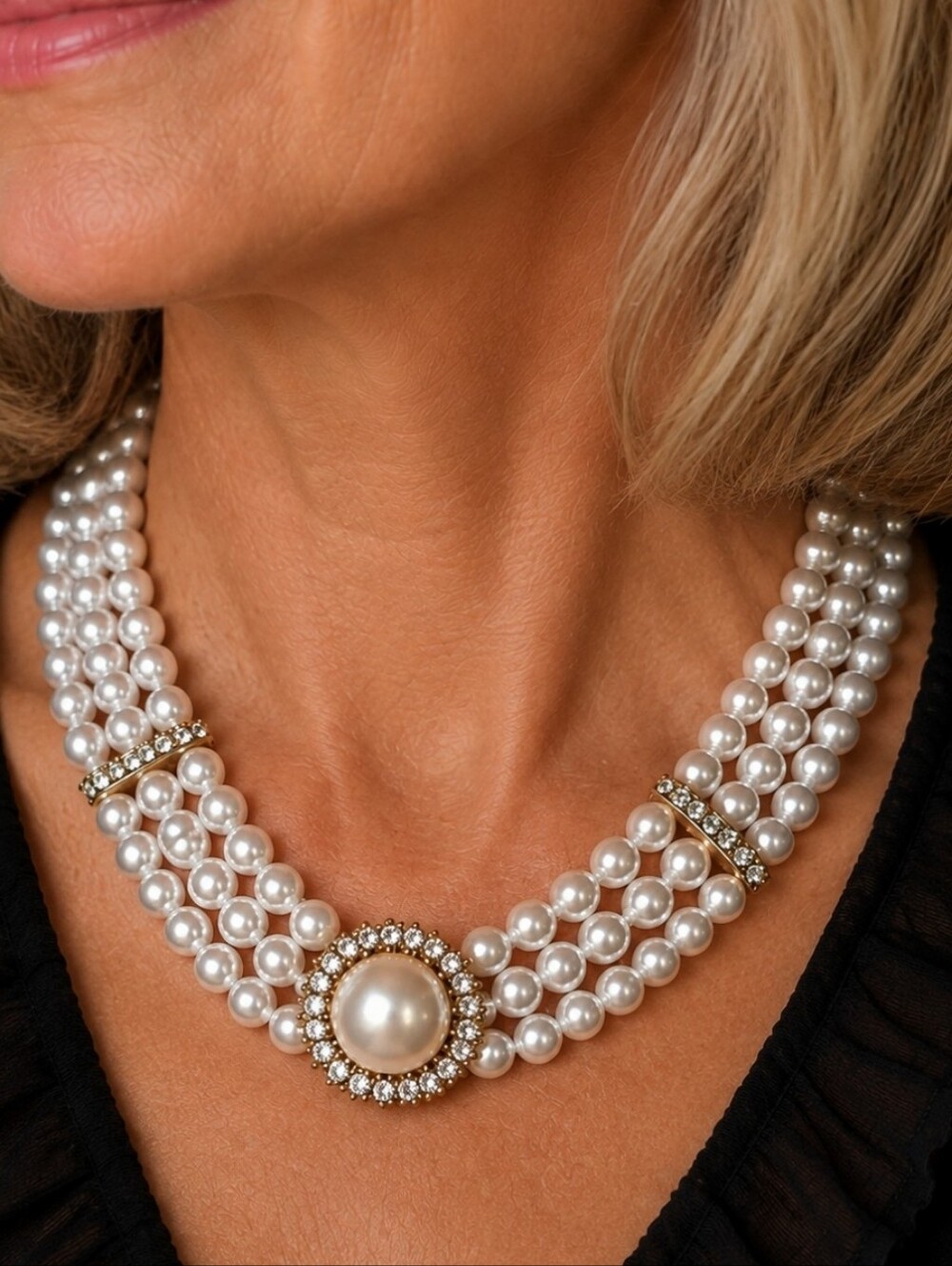 Three 3 Strand Faux Pearl Gold Tone Collar Bib Necklace Clear Rhinestones EUC